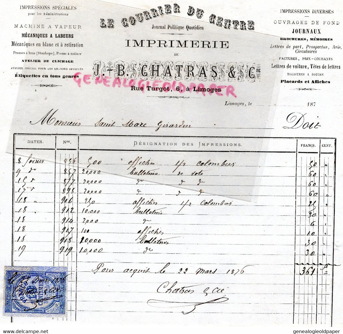 87 - LIMOGES- RARE FACTURE IMPRIMERIE  J.B. CHATRAS- 6 RUE TURGOT- COURRIER DU CENTRE- 1870- ST SAINT MARC GIRARDIN - Drukkerij & Papieren