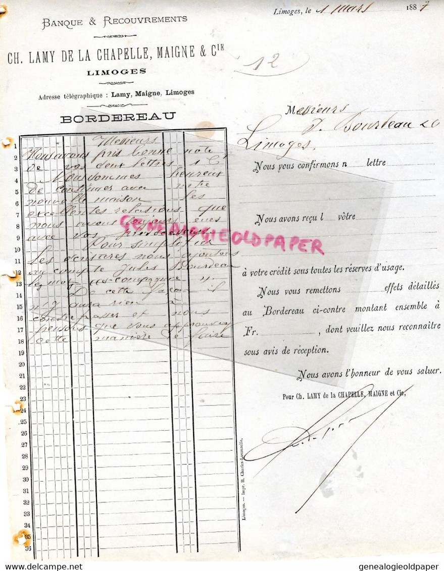87- LIMOGES- RARE LETTRE 1887- BANQUE CH. LAMY DE LA CHAPELLE MAIGNE- A BOURDEAU - Banque & Assurance