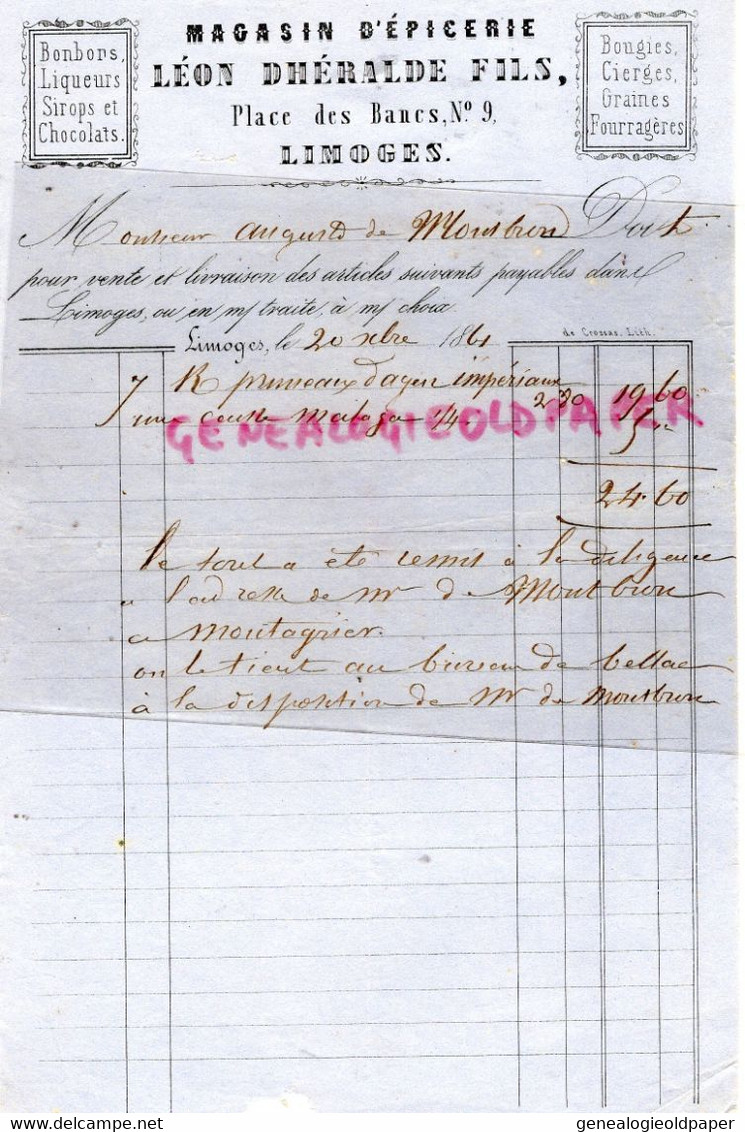 87- LIMOGES- FACTURE 1864- LEON DHERALDE FILS- EPICERIE BONBONS CHOCOLAT-9 PLACE DES BANCS- AUGUSTE DE MONTBRON - Food