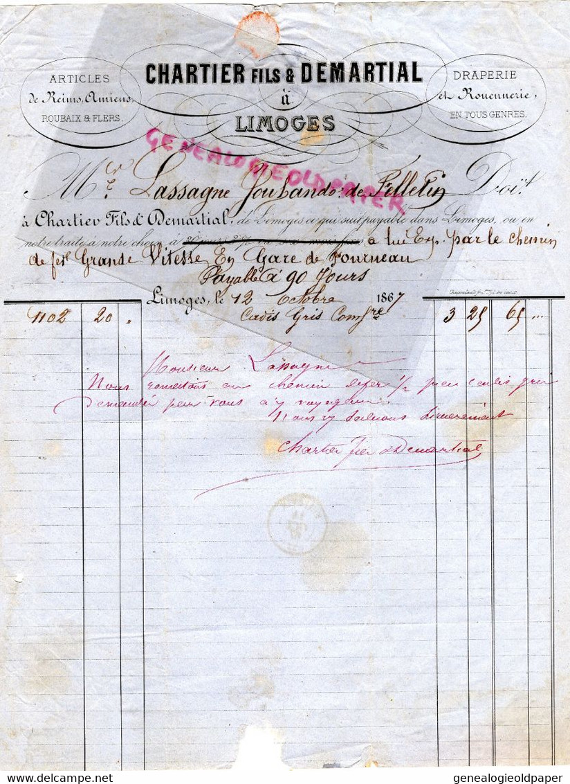 87- LIMOGES- RARE FACTURE 1867- CHARTIER FILS & DEMARTIAL-ARTICLES REIMS AMIENS-DRAPERIE -LASSAGNE JOUHANDO DE FELLETIN - Textile & Vestimentaire