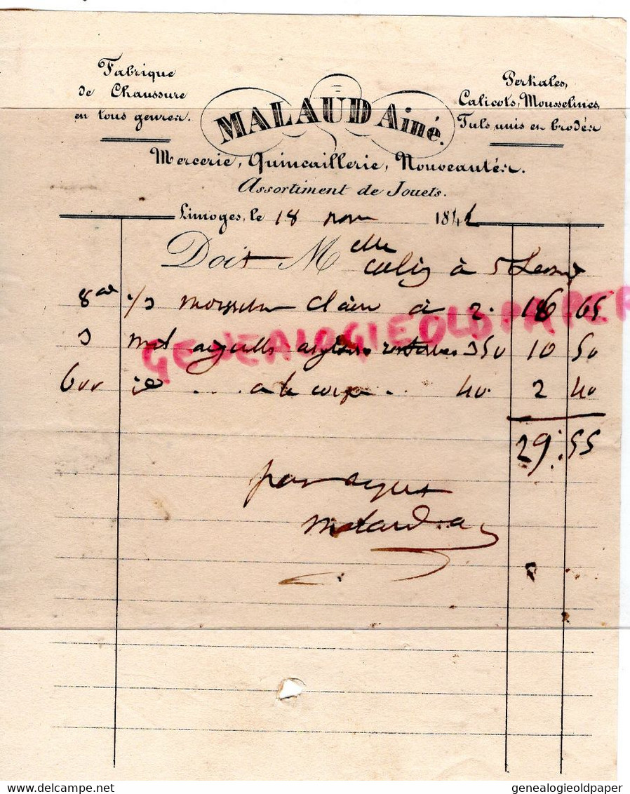 87- LIMOGES- RARE FACTURE 1842- MALAUD AINE FABRIQUE CHAUSSURES- MERCERIE QUINCAILLERIE- - Textilos & Vestidos