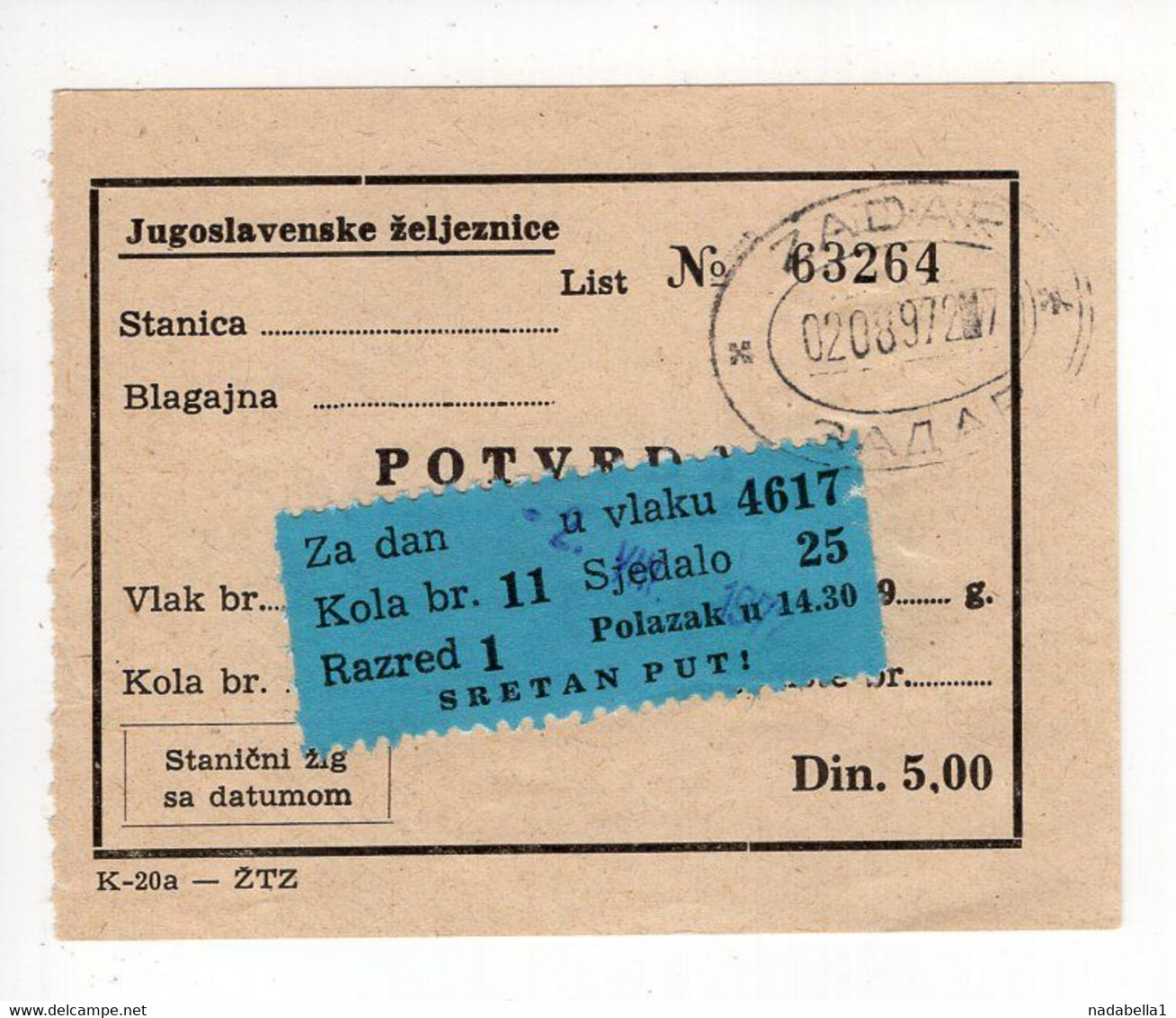 1971. YUGOSLAVIA,CROATIA,ZADAR,RAILWAY TICKET - Europe