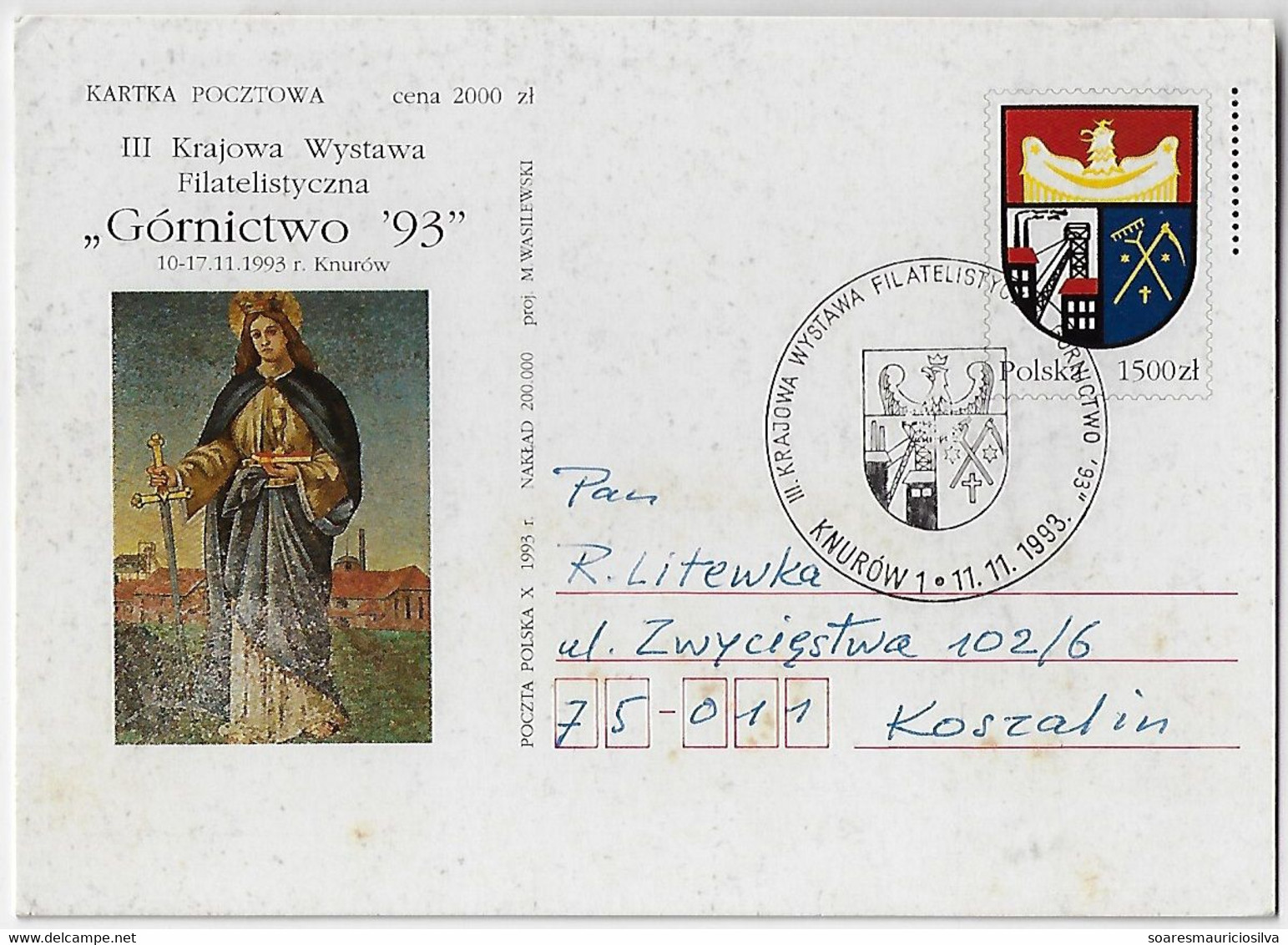 Poland 1993 Postal Stationery Card 3rd National Philatelic Exhibition Mining Coat Of Arms Knurów Saint Barbara Miner - Minéraux