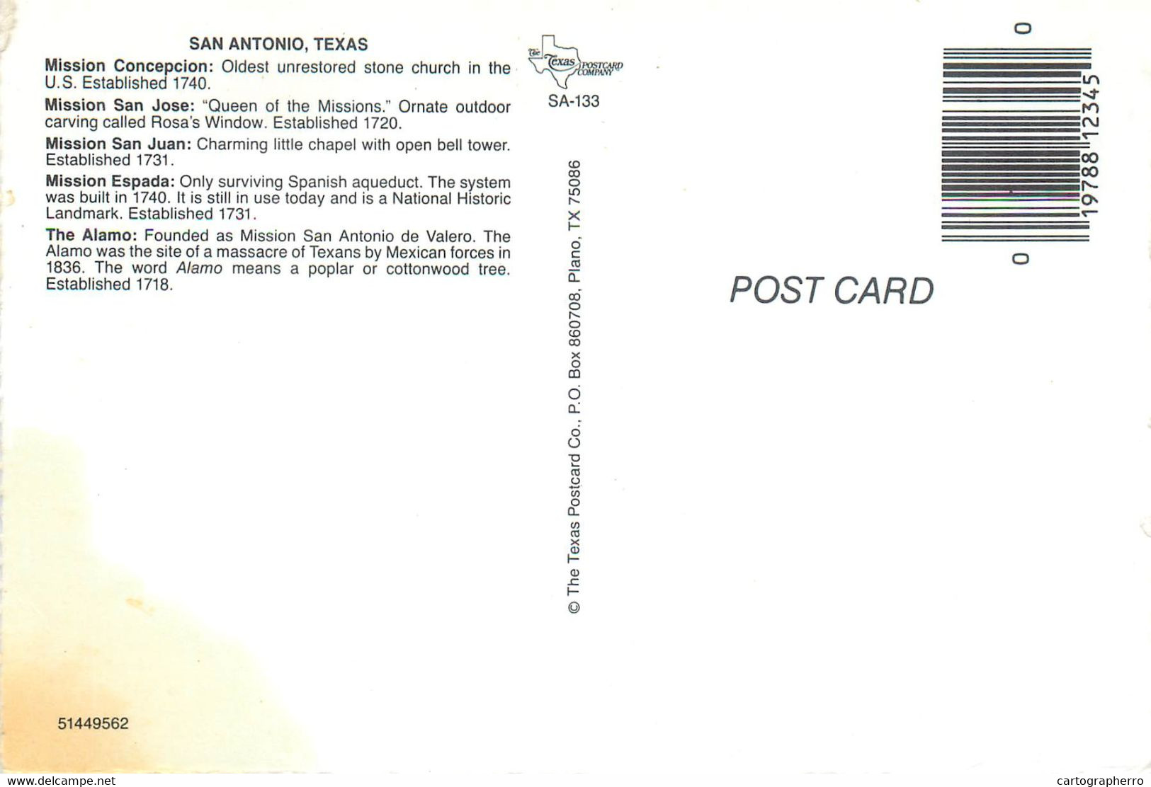 Postcard USA TX Texas The Alamo San Antonio Texas Missions - San Antonio