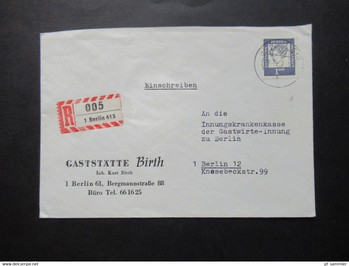 1961 Berlin (West) Bedeutende Deutsche Nr.212 EF Einschreiben Ortsbrief Berlin Umschlag Gaststätte Birth Berlin 61 - Cartas & Documentos