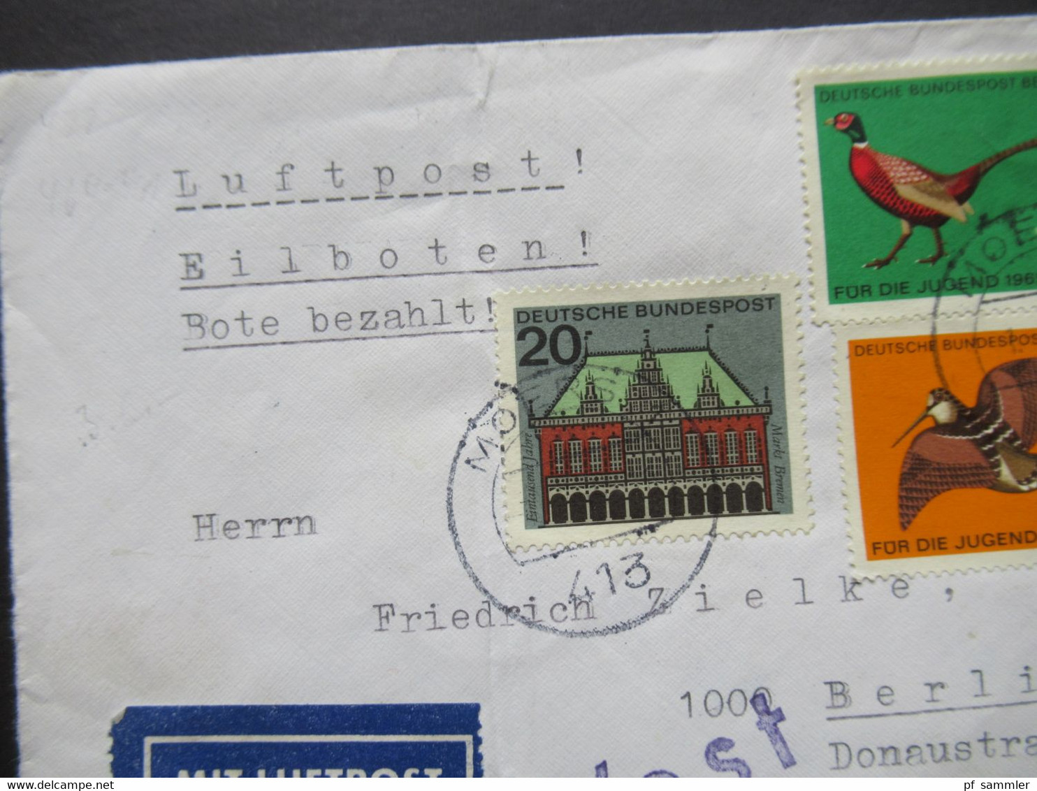 1965 Berlin (West) Jugend Jagdbares Federwild Violetter Stempel West Luftpost Eilboten Bote Bezahlt Moers 1 - Berlin 44 - Lettres & Documents