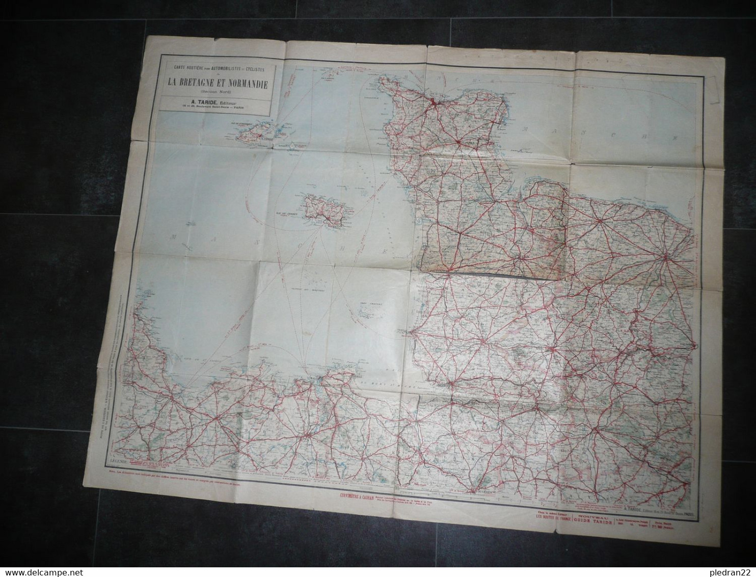 ANCIENNE CARTE ROUTIERE POUR LES AUTOMOBILISTES ET LES CYCLISTES BRETAGNE ET NORMANDIE SECTION NORD TARIDE 1919 - Cartes Routières