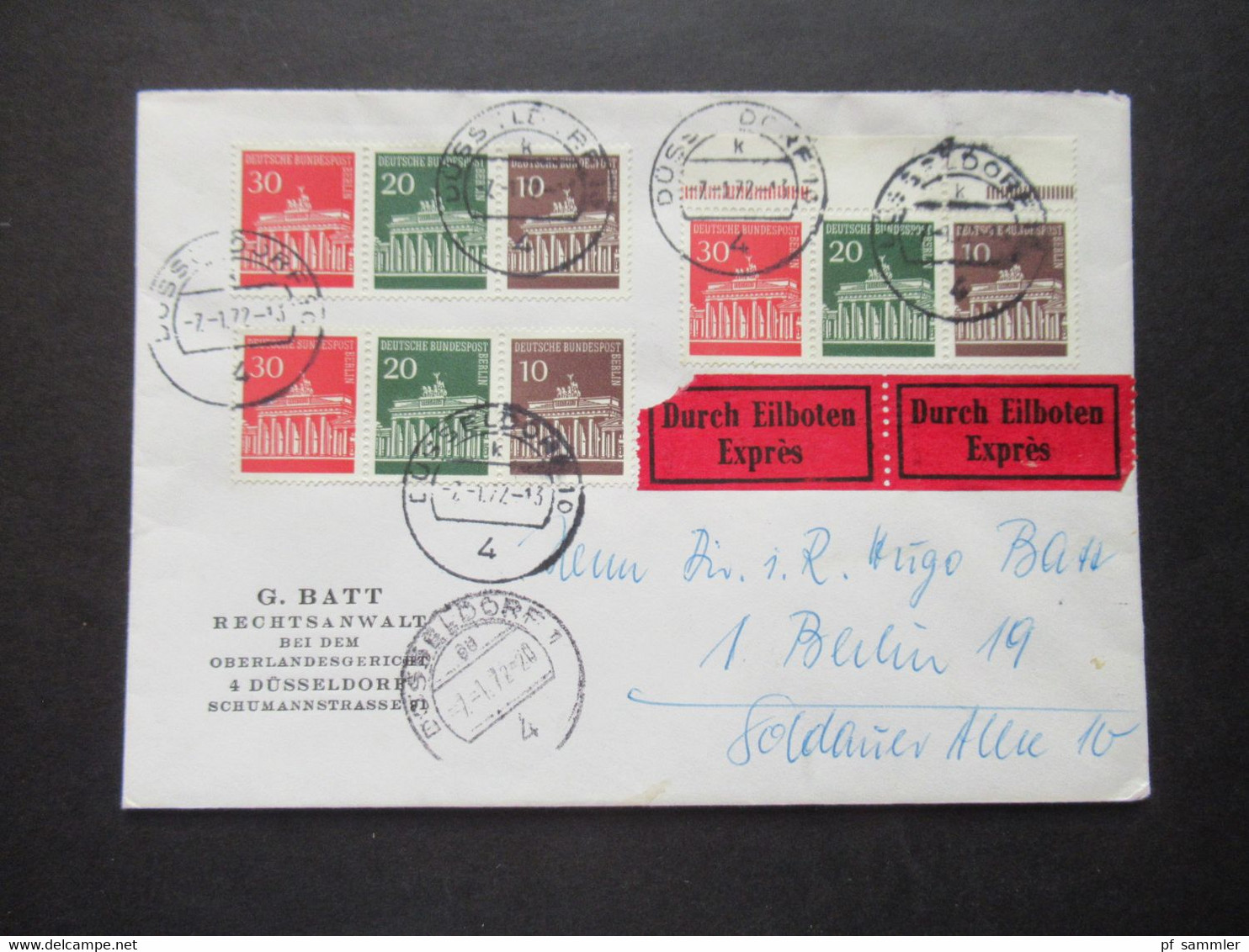 1966 Berlin (West) Brandenburger Tor Zusammendrucke MeF 1x Oberrand! Durch Eilboten Expres Düsseldorf - Berlin 19 - Storia Postale