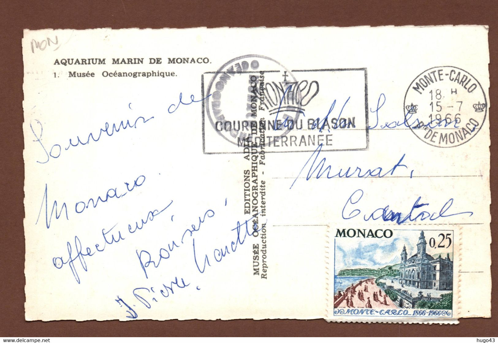 (RECTO / VERSO) MONACO EN 1966 - N° 1 - MUSEE OCEANOGRAPHIQUE - BEAU TIMBRE ET FLAMME DE MONACO - FORMAT CPA - Musée Océanographique