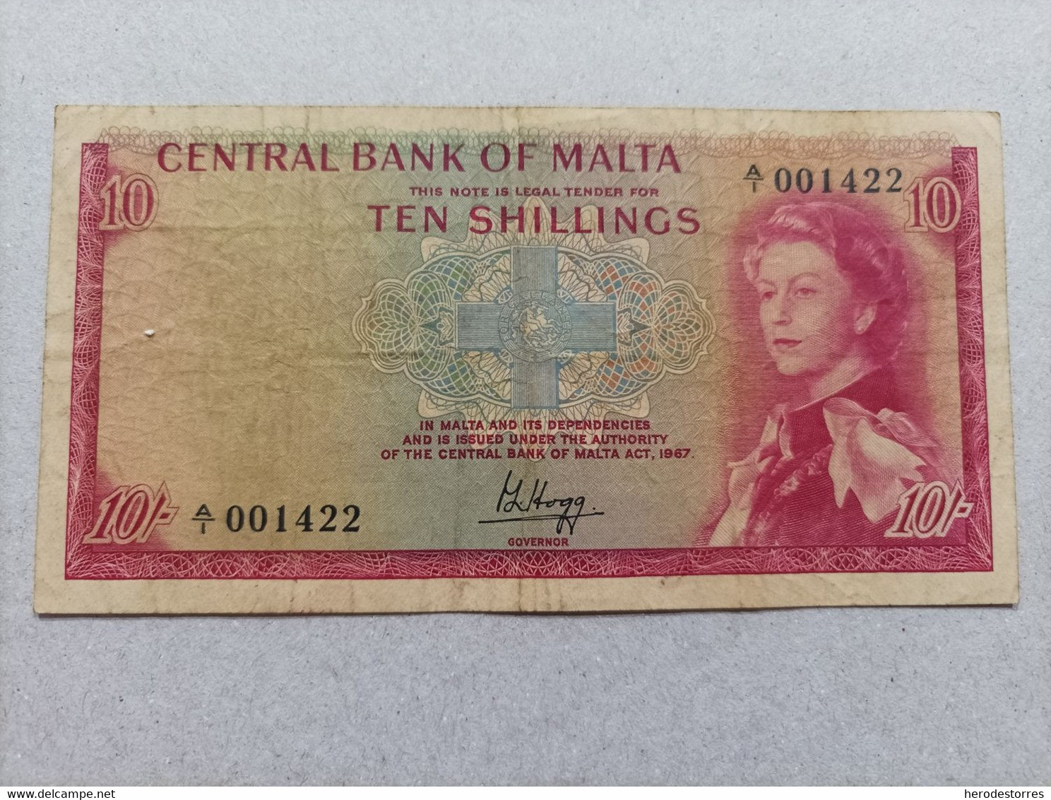 Billete De Malta De 10 Shillings, Año 1967, Nº Bajisimo A001422 - Malta