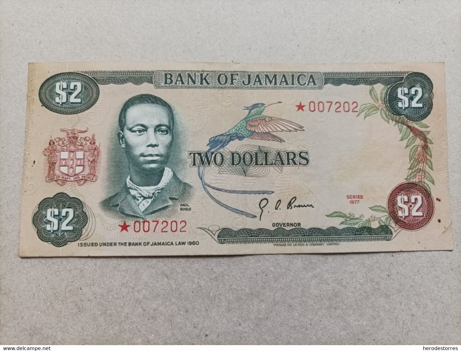 Billete De Jamaica De 2 Dólares, Año 1977, Nº Bajisimo 007202, Very Very Rare With An Asterisk - Jamaica