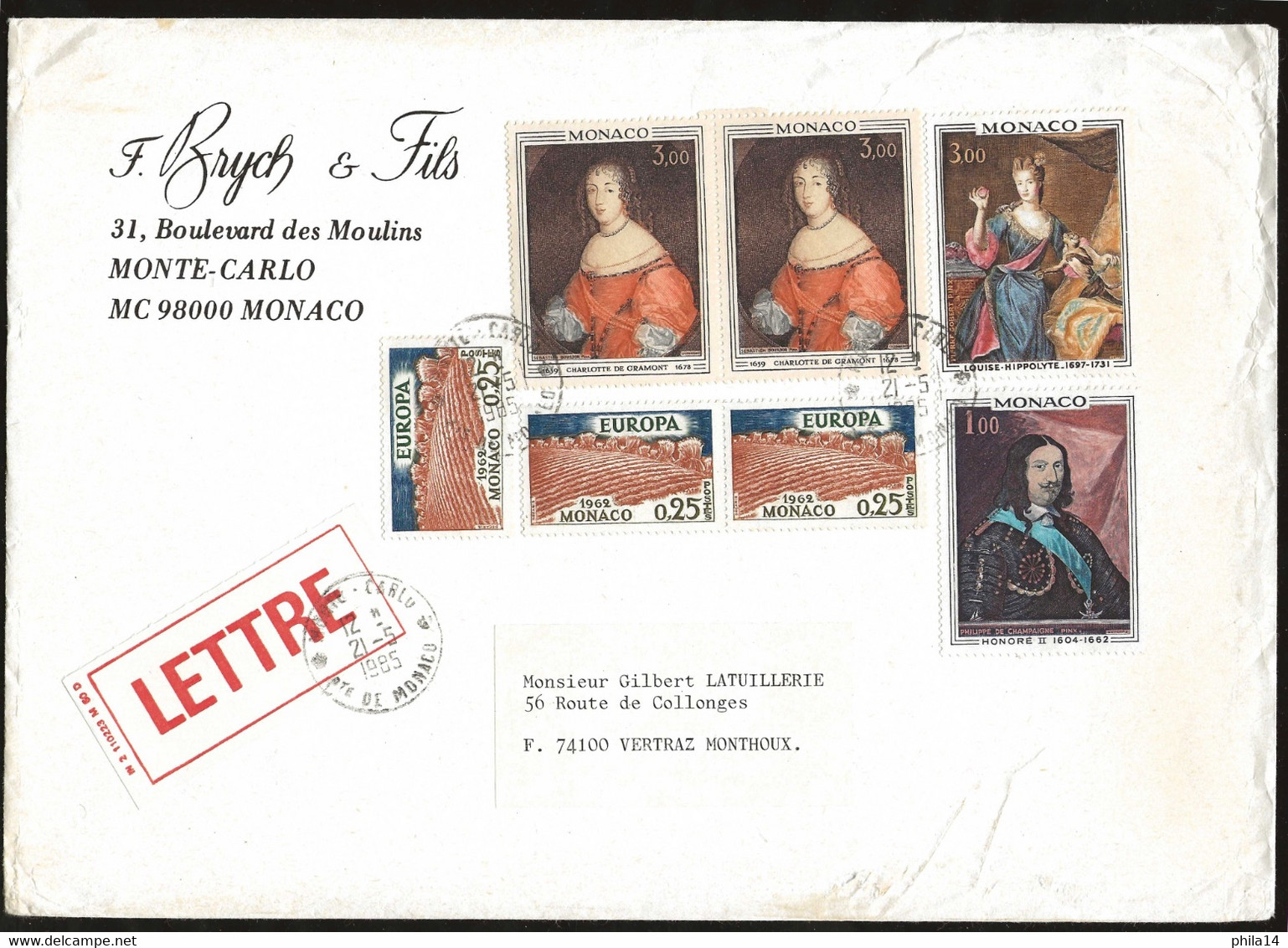 ENVELOPPE MONACO MONTE CARLO 1985 POUR VETRAZ MONTHOUX - Storia Postale