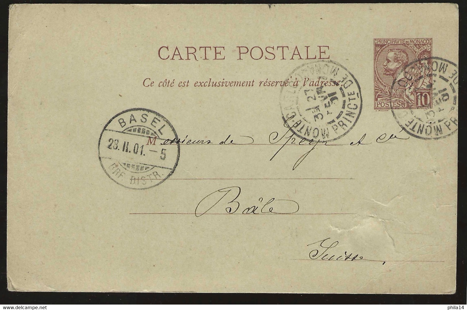 CARTE POSTALE ENTIER MONACO MONTE CARLO 1901 POUR BALE SUISSE - Brieven En Documenten
