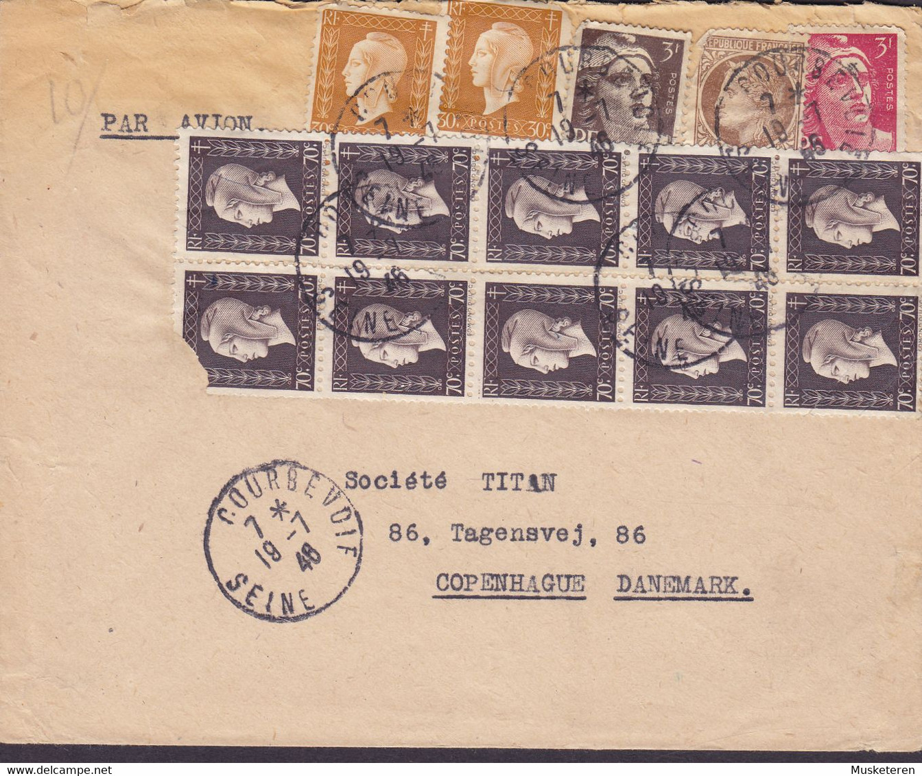 France Par Avion BUDIT, COURBEVOIE (Seine ) 1946 Cover Lettre Société TITAN Kopenhagen Denmark 10-Block Marianne Dulac - 1944-45 Maríanne De Dulac