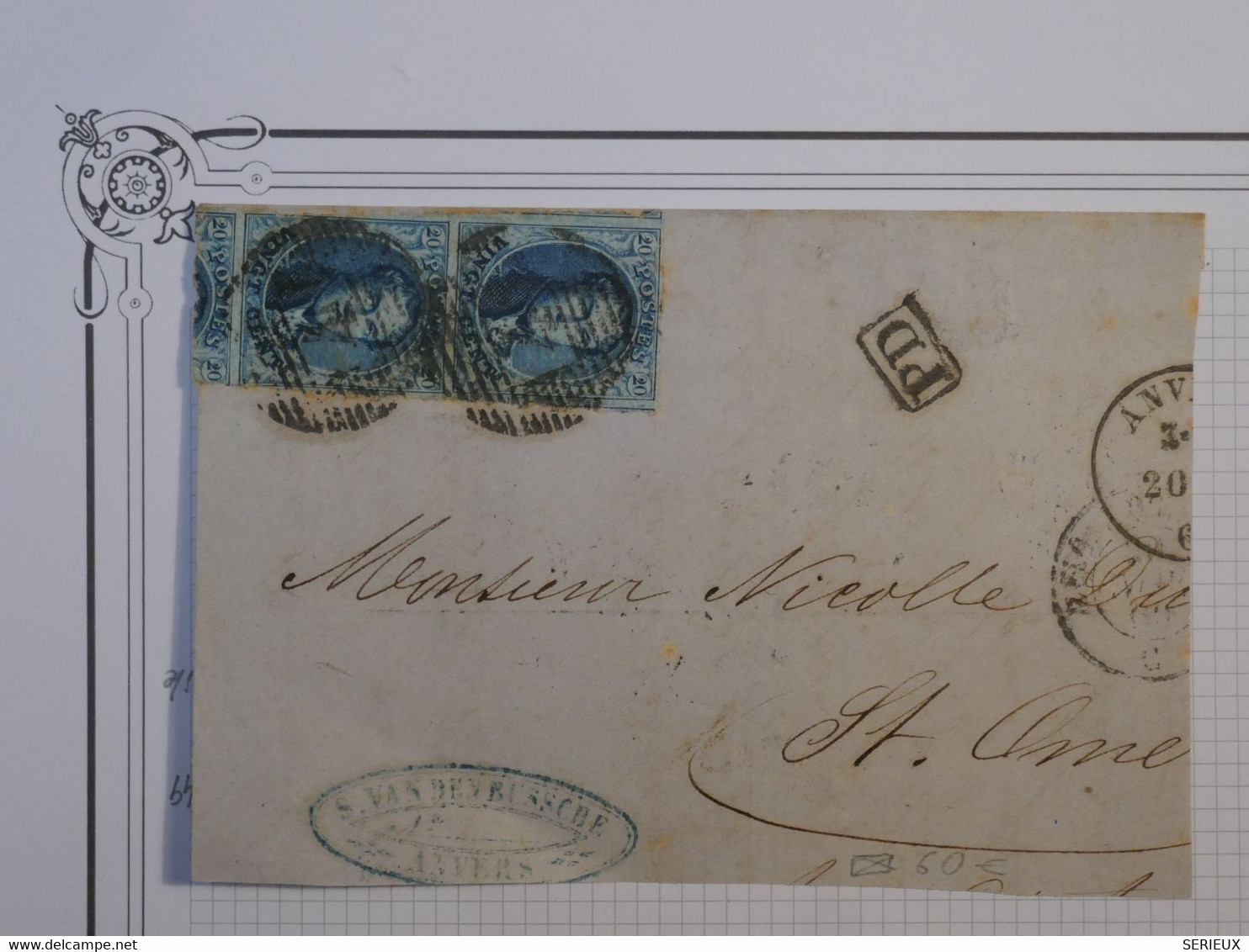 BL16 BELGIQUE   LETTRE DEVANT 1860 ANVERS  ST OMER  FRANCE +PAIRE DE 20 C BLEU+ VOISIN + +AFFRANCH. INTERESSANT+ + - 1849-1865 Medaillons (Varia)