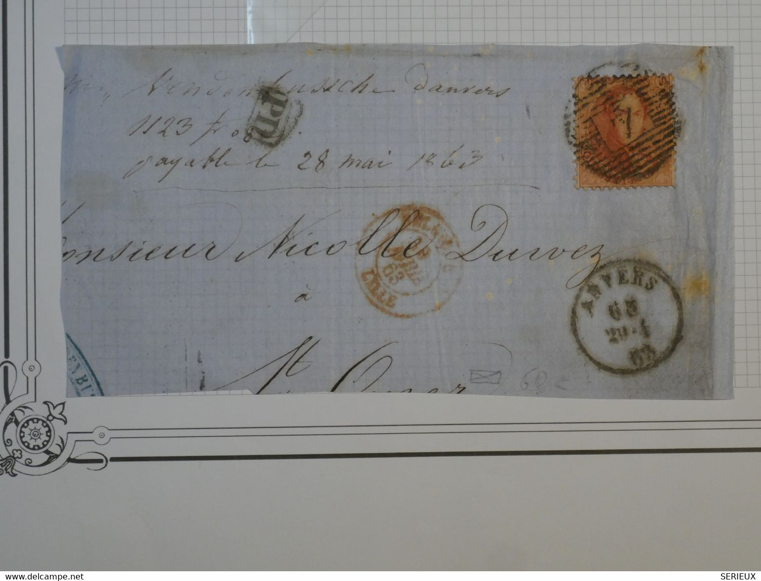 BL16 BELGIQUE   LETTRE DEVANT 1863  ANVERS  ST OMER  FRANCE +40 C DENTELé+  +AFFRANCH. INTERESSANT+ + - 1849-1865 Medallones (Otros)