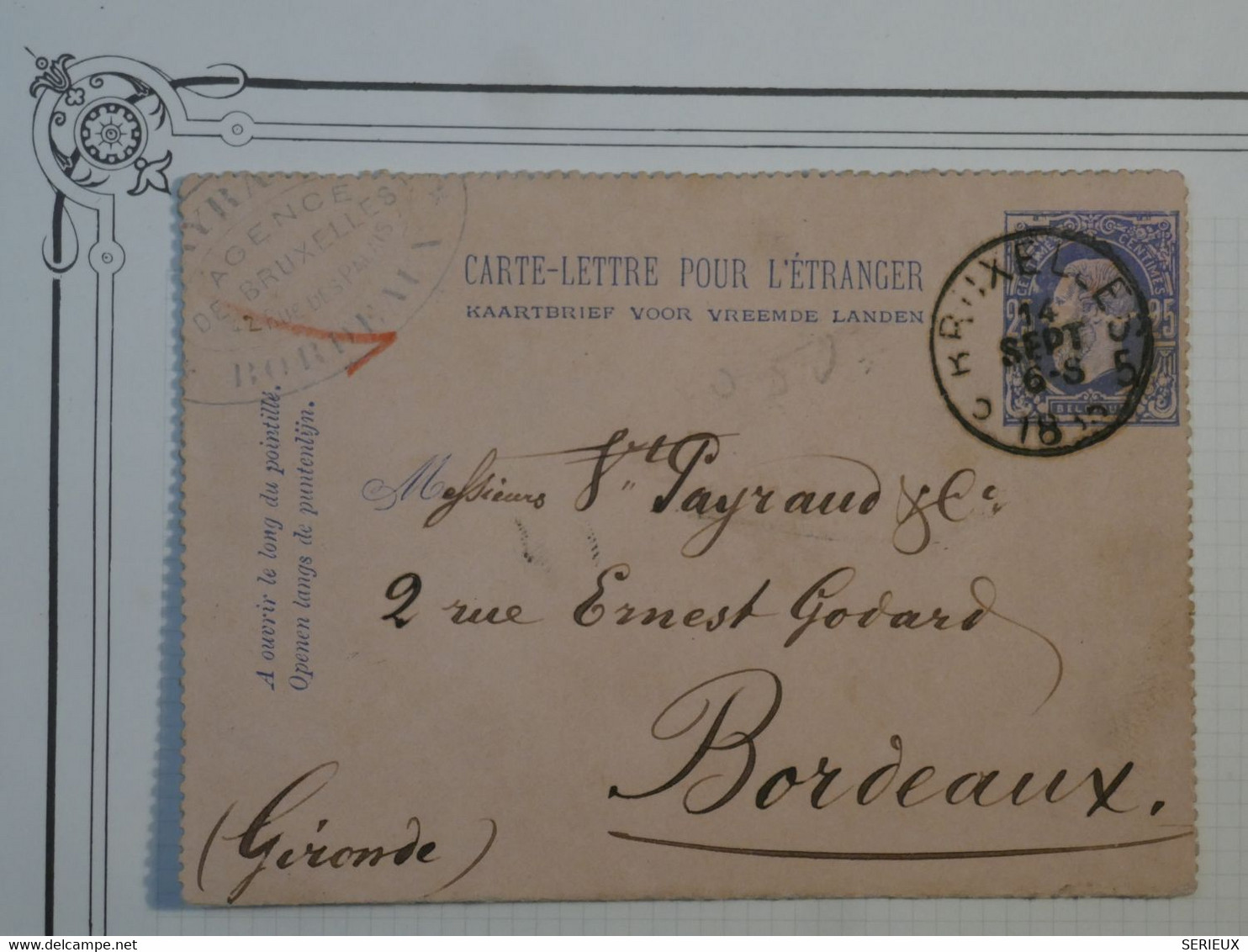 BL16 BELGIQUE  CARTE  LETTRE ENTIER  1885 BRUXELLES A  BORDEAUX FRANCE +40 C DENTELé+  +AFFRANCH. INTERESSANT+ + - Andere & Zonder Classificatie