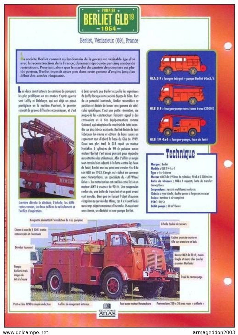 C2/ FICHE CARTONNE Camion POMPIER 1954 BERLIET GLB19 - LKW