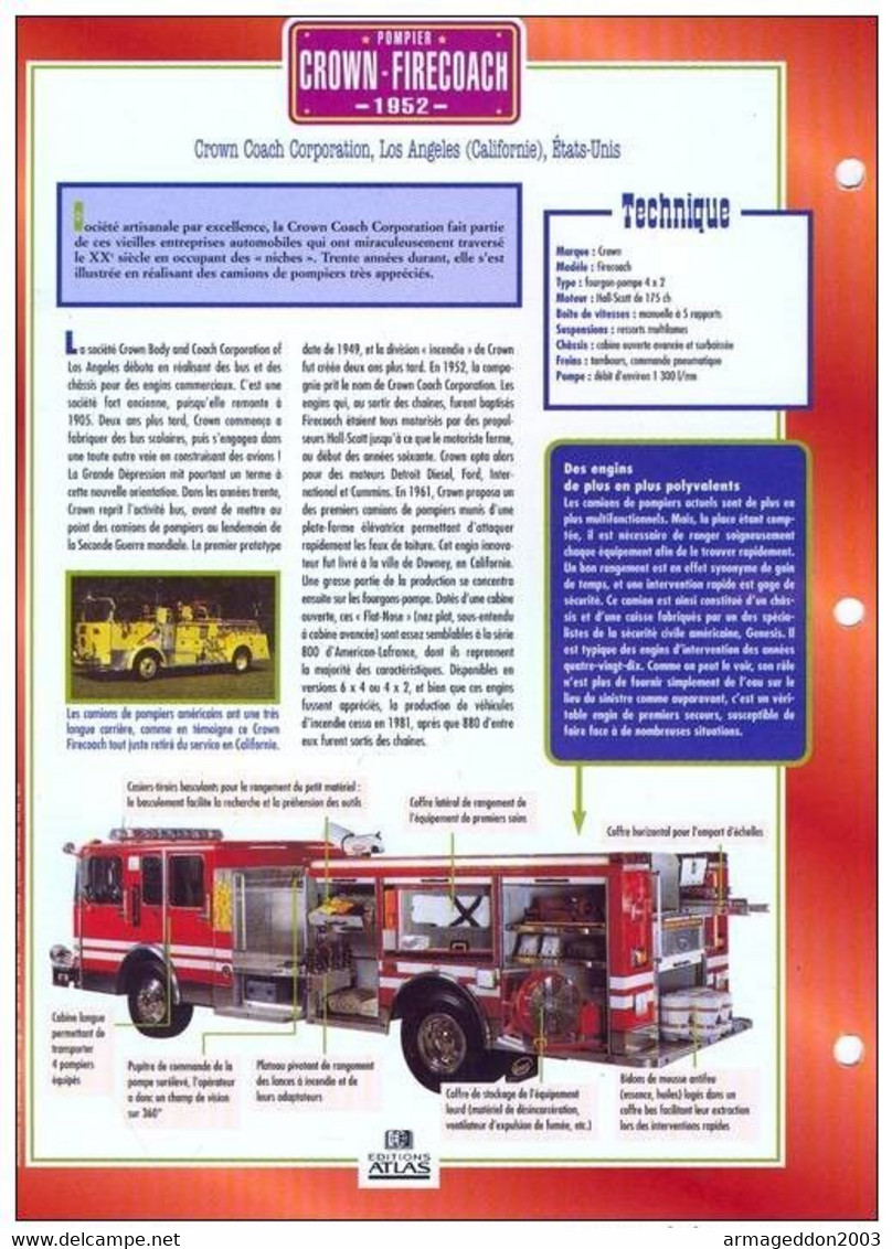 C2/ FICHE CARTONNE Camion POMPIER 1952 CROWN FIRECOACH - Trucks