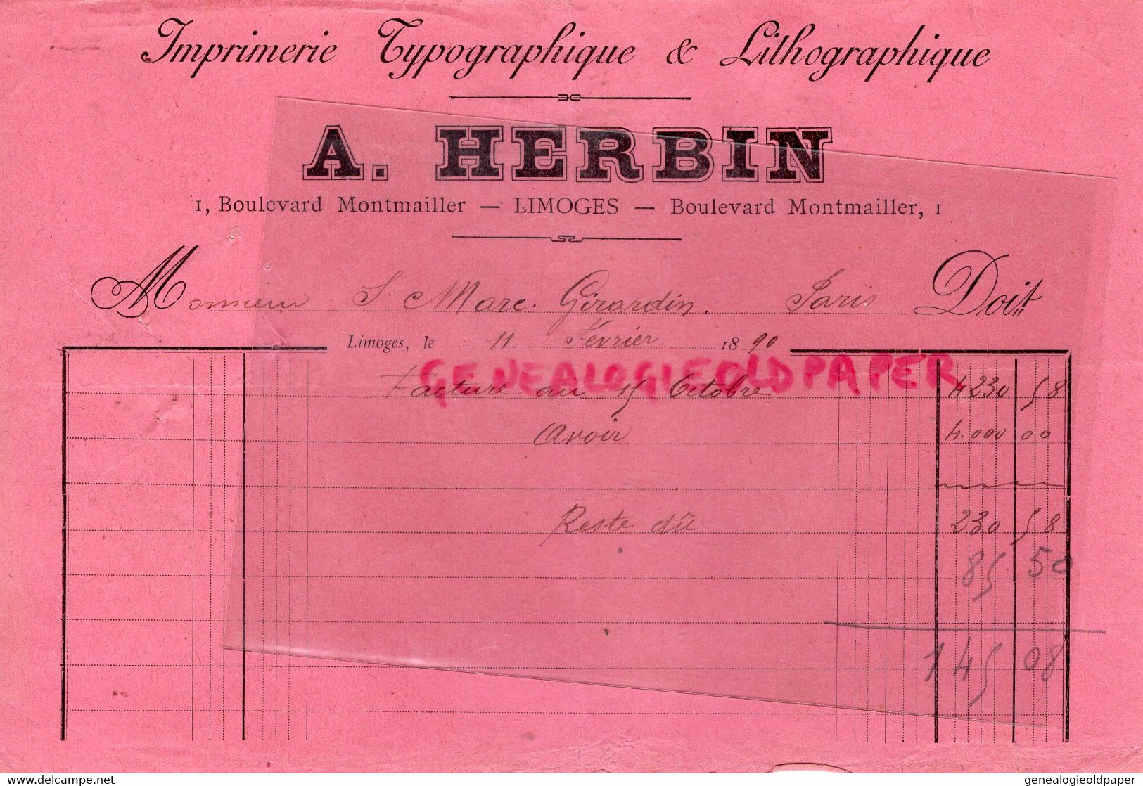 87- LIMOGES- RARE FACTURE IMPRIMERIE LITHOGRAPHIE -HERBIN - 1 BOULEVARD MONTMAILLER 1890- ST SAINT MARC GIRARDIN - Druck & Papierwaren