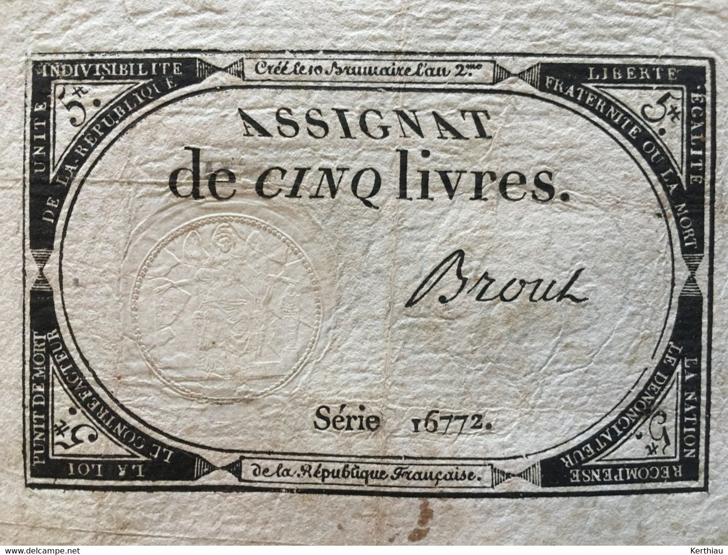 Assignat De Cinq Livres. Du 10 Brumaire, L'an 2e. Signature Brout - Non Classés