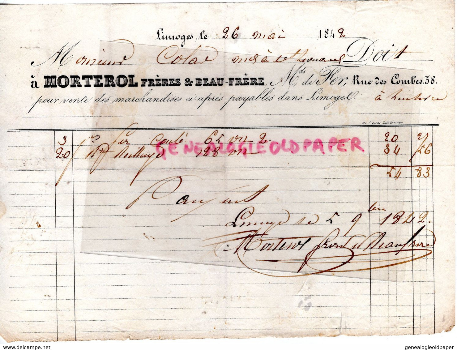87-LIMOGES- FACTURE 1842 MORTEROL FRERE BEAU FRERE MARCHAND DE FER- 58 RUE COMBES M. COLAS ST SAINT LEONARD NOBLAT - Kleding & Textiel