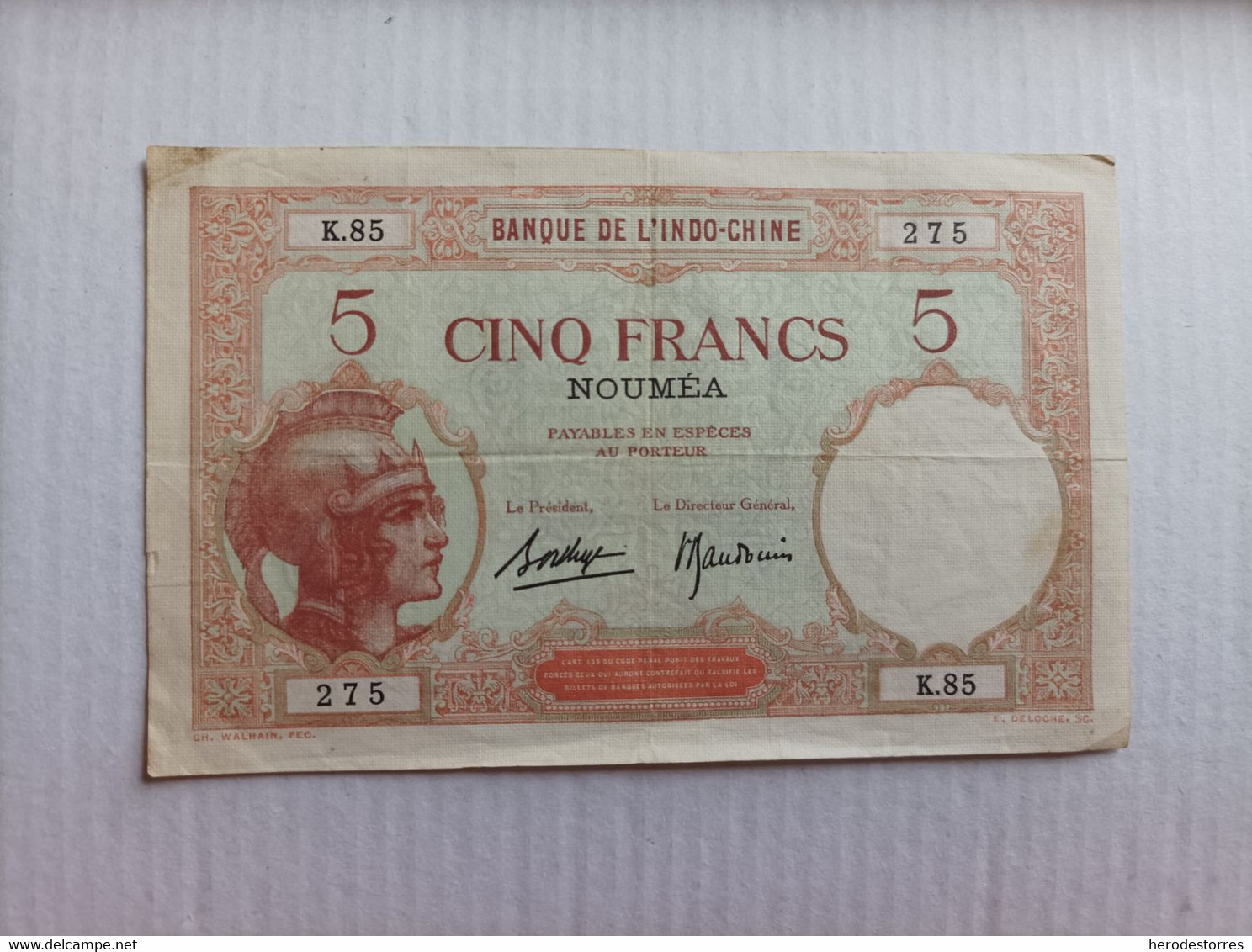 Billete De Indochina (Noumea) Nueva Caledonia De 5 Francs, Año 1920/30 - Indochine