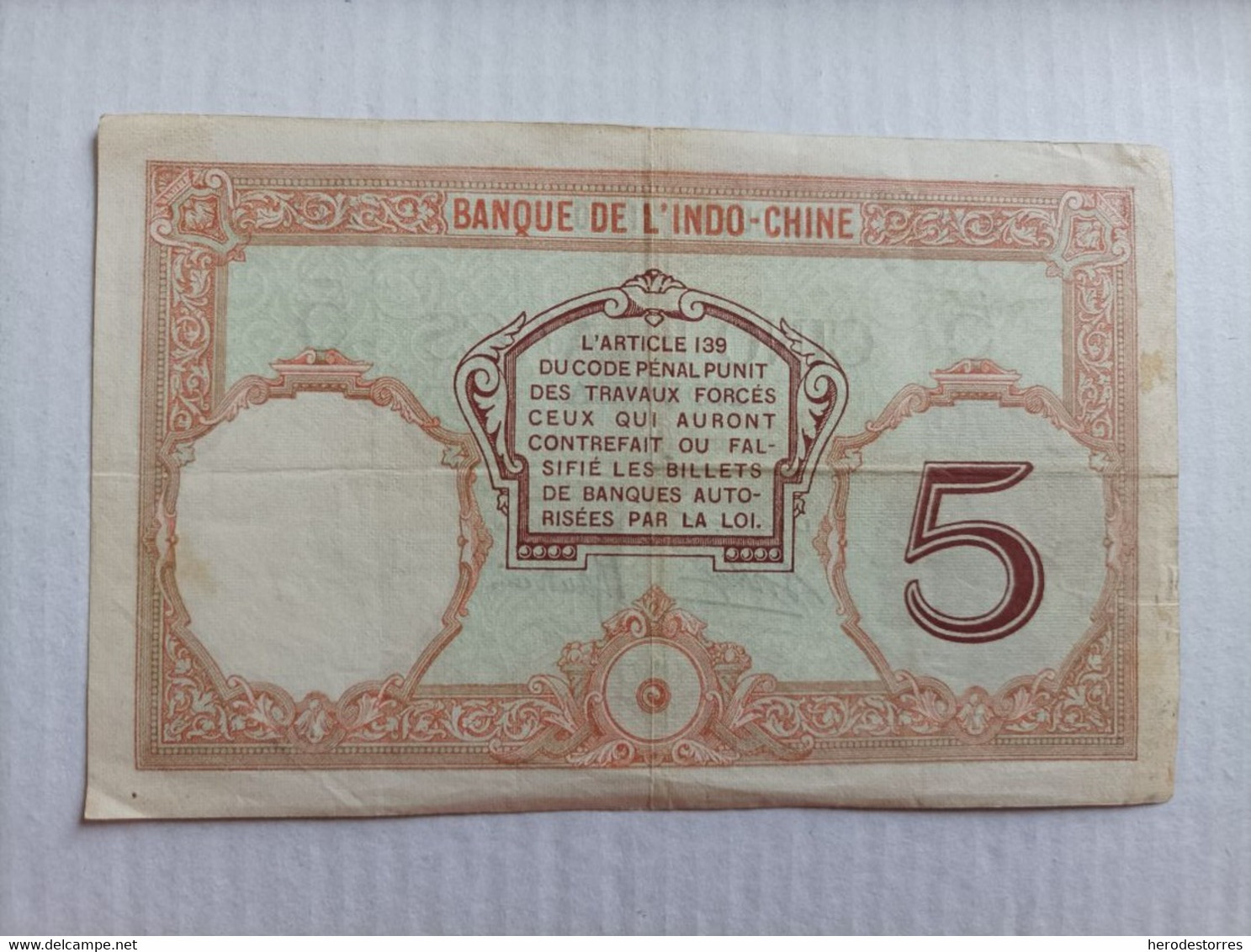 Billete De Indochina (Noumea) Nueva Caledonia De 5 Francs, Año 1920/30 - Indocina