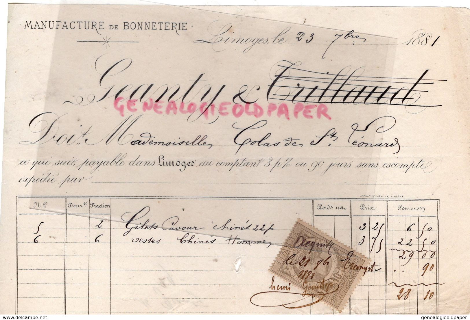 87-LIMOGES- RARE FACTURE 1881- GEANTY & TRILLAUD-MANUFACTURE BONNETERIE- MLLE COLAS ST SAINT LEONARD NOBLAT - Kleidung & Textil