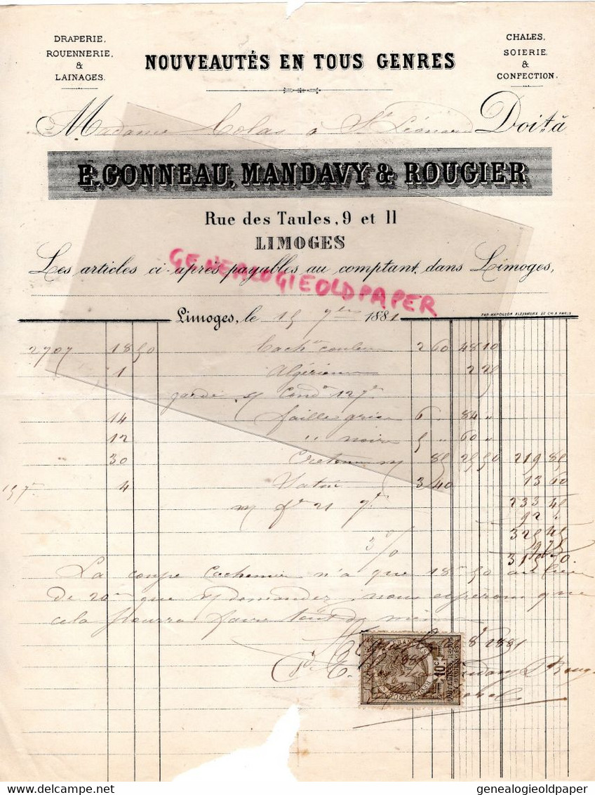 87-LIMOGES- RARE FACTURE 1881  E.CONNEAU MANDAVY ROUGIER-DRAPERIE ROUENNERIE NOUVEAUTES-9-11 RUE DES TAULES- - Kleidung & Textil