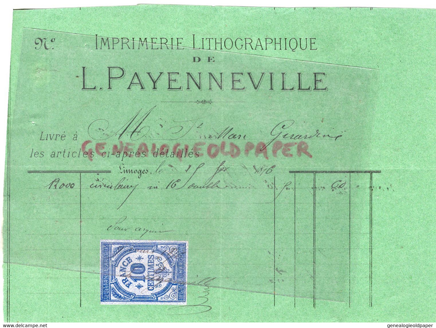 87-LIMOGES- RARE FACTURE 1876- IMPRIMERIE LITHOGRAPHIQUE L. PAYENNEVILLE - ST SAINT MARC GIRARDIN - Druck & Papierwaren
