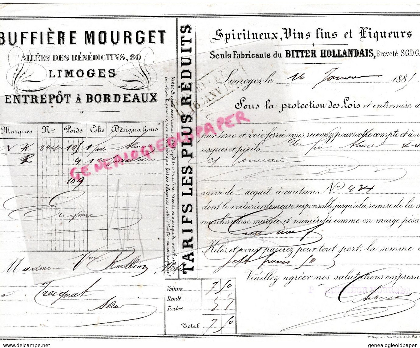 87-LIMOGES- RARE FACTURE 1885-BUFFIERE MOURGET -SPIRITUEUX DISTILLERIE BITTER HOLLANDAIS-30 ALLEES BENEDICTINS -BORDEAUX - Alimentaire