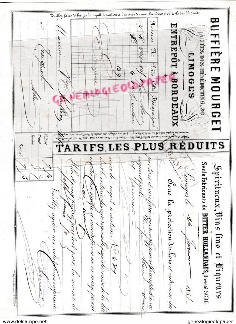 87-LIMOGES- RARE FACTURE 1885-BUFFIERE MOURGET -SPIRITUEUX DISTILLERIE BITTER HOLLANDAIS-30 ALLEES BENEDICTINS -BORDEAUX - Lebensmittel