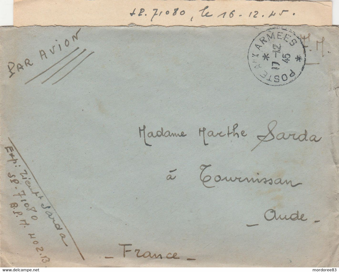 LETTRE FM LIEUT SARDA BPM402B SP 71080 17/12/1945 POUR FRANCETOURNISSAN AUDE - War Of Indo-China / Vietnam