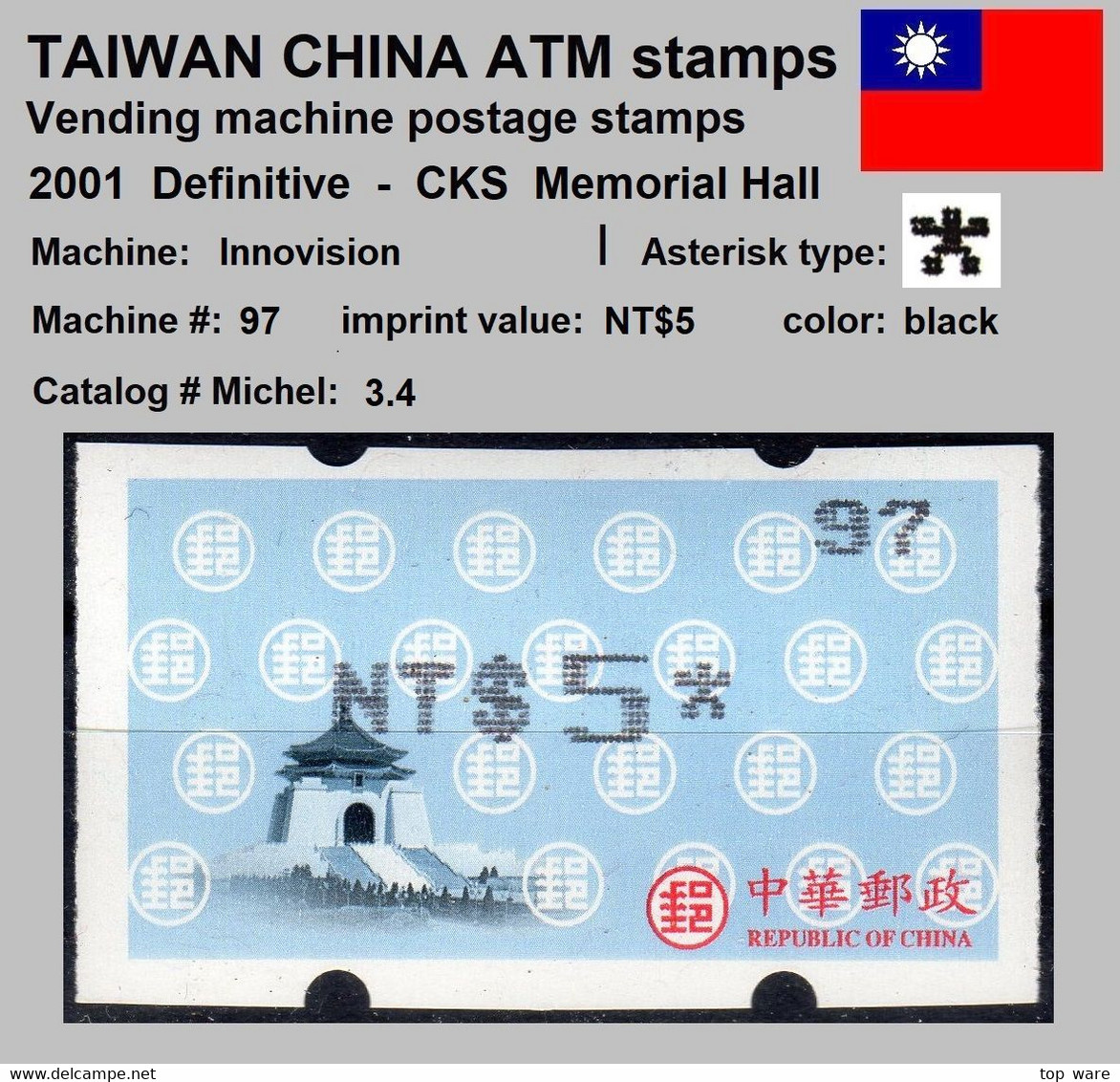 2001 Automatenmarken China Taiwan CKS Memorial Hall MiNr.3.4 Black Nr.97 ATM NT$5 MNH Innovision Kiosk Etiquetas - Automatenmarken