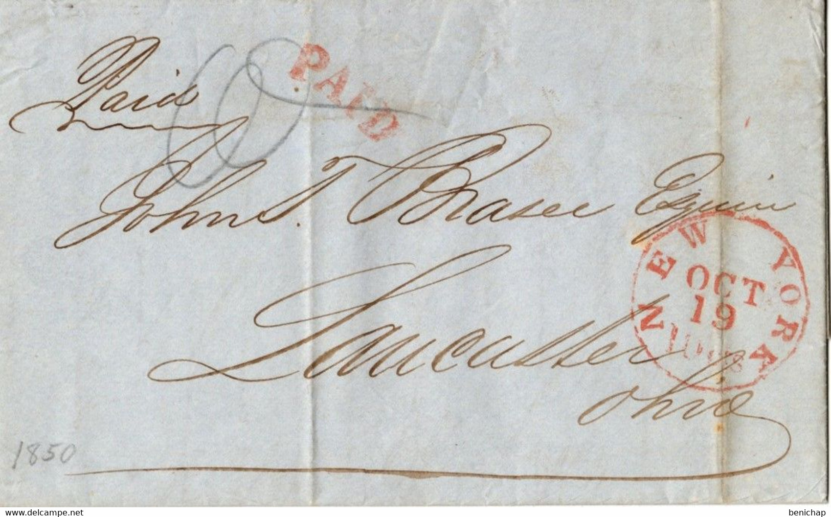 (R90) USA - Cover  Oct 1850 - Red Post Mark Paid - New-York Vers Lancaster - Ohio. - …-1845 Voorfilatelie