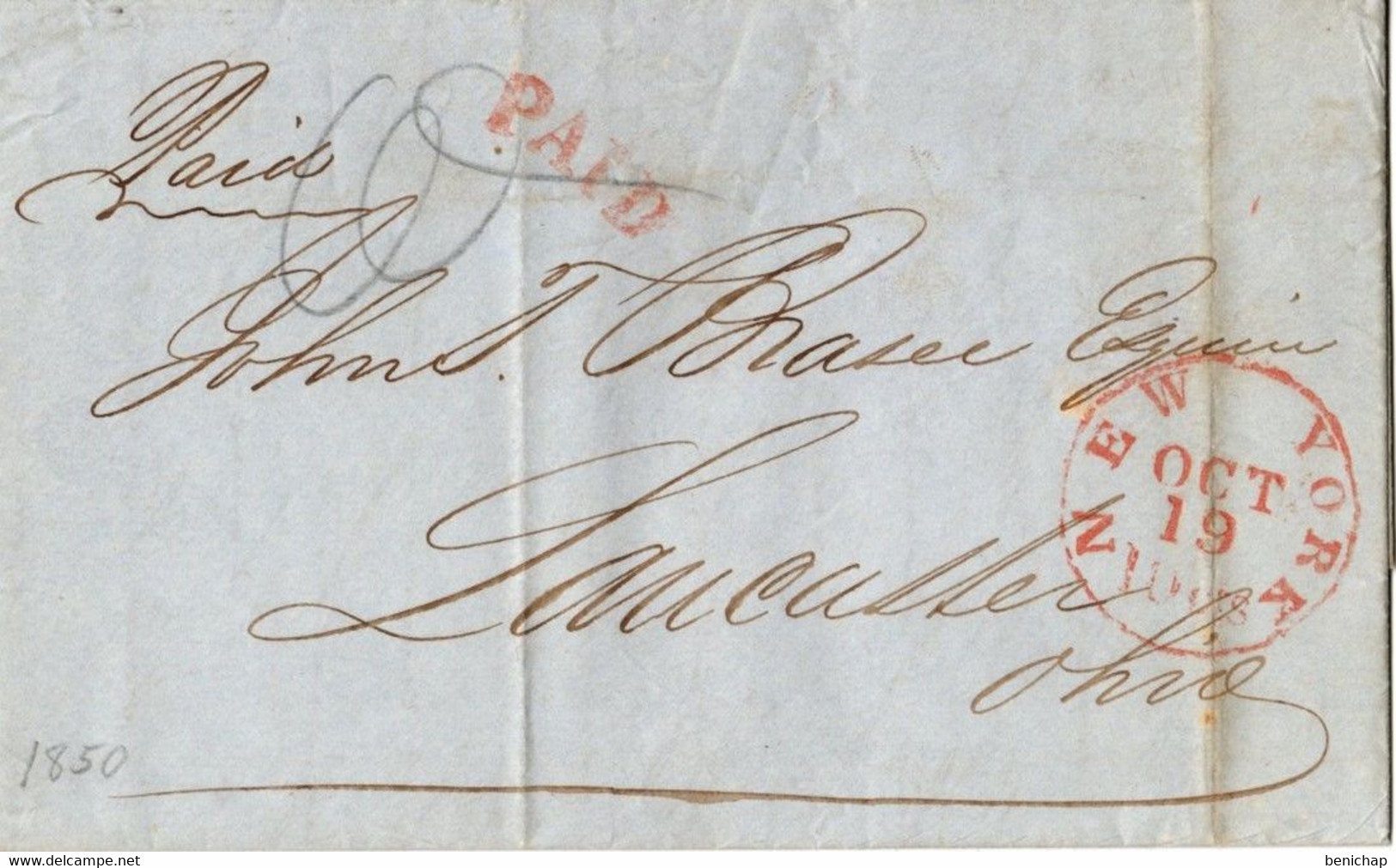 (R90) USA - Cover  Oct 1850 - Red Post Mark Paid - New-York Vers Lancaster - Ohio. - …-1845 Prefilatelia