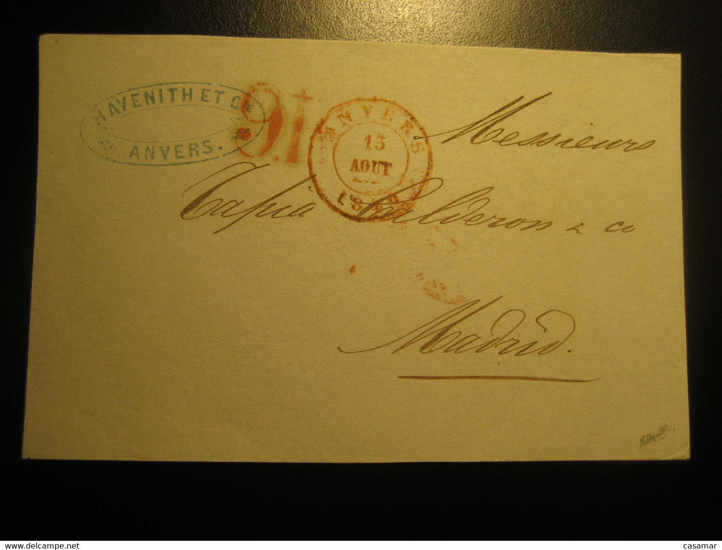 ANVERS Havenith Et Cie 1850 To Madrid Spain 9R Tax Red Cancel Frontal Front Letter BELGIUM FRANCE Prephilately - Autres & Non Classés