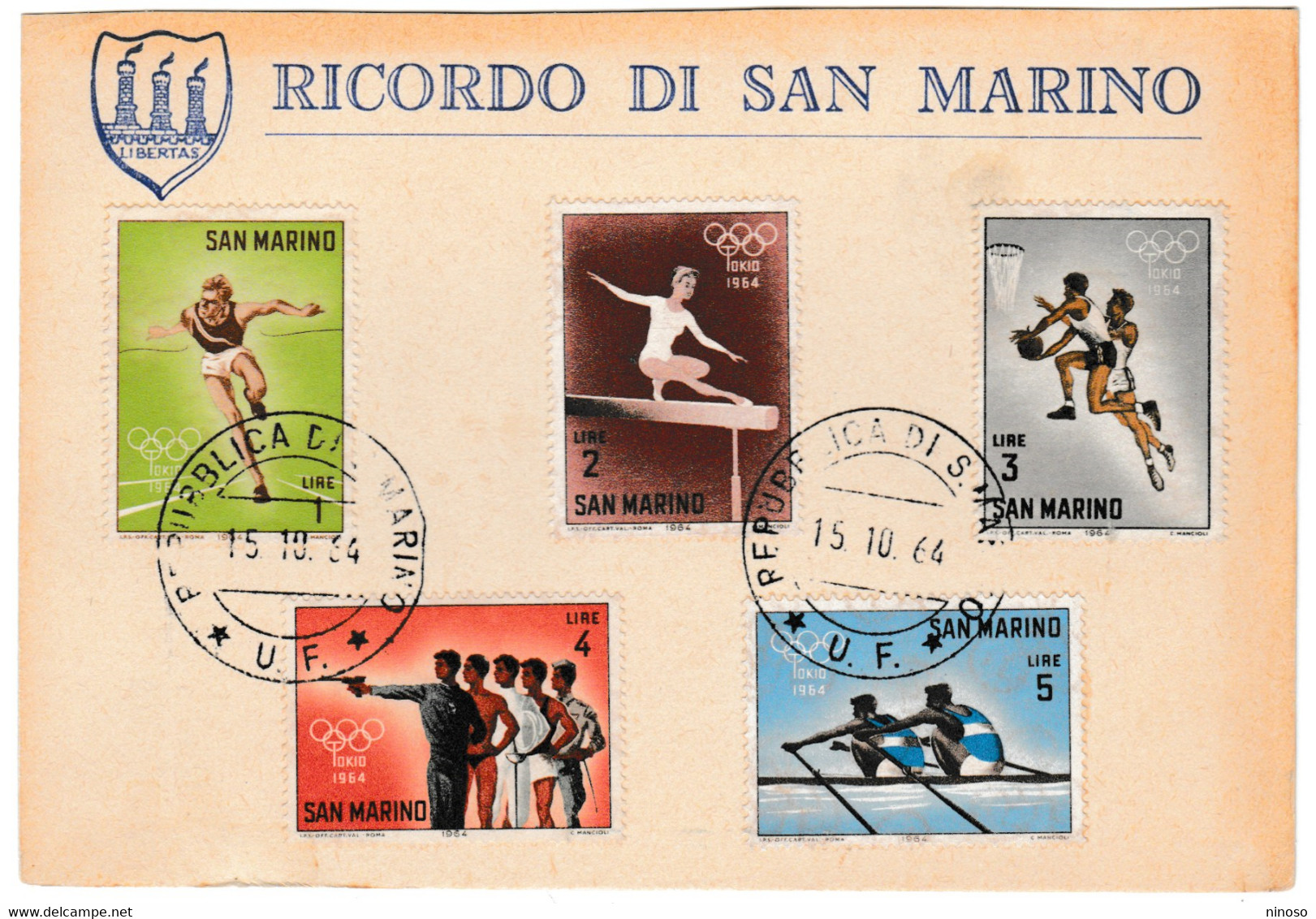 SAN MARINO - CARTONCINO RICORDO - SERIETTA OLIMPIADI - 15.10.64 - Variétés Et Curiosités