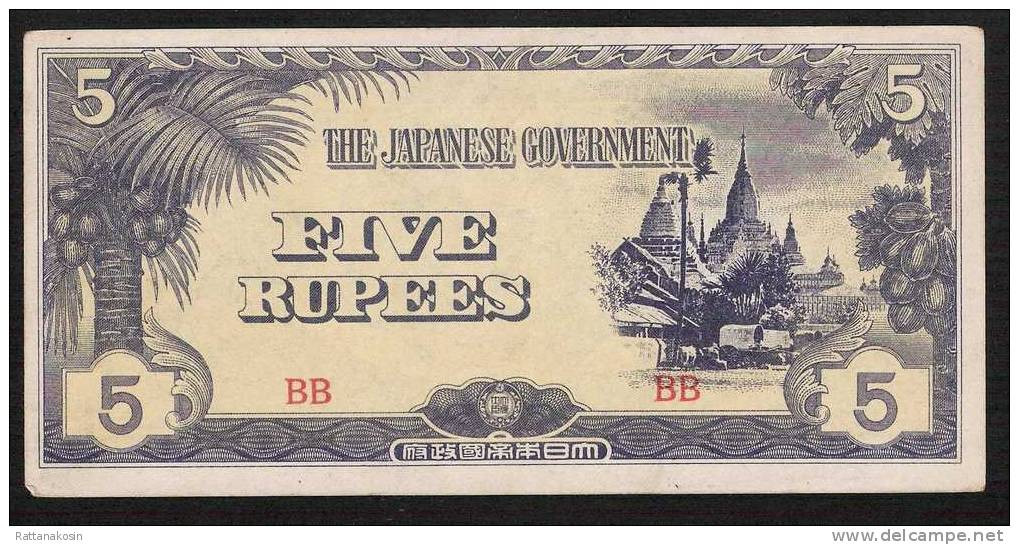 MYANMAR BURMA BIRMANIE P15b   5   RUPEES     1944    AU-UNC. - Myanmar
