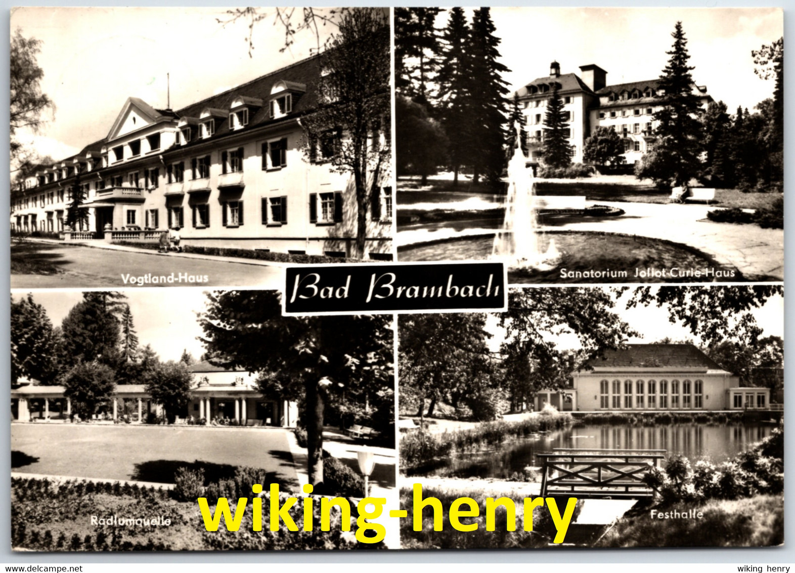 Bad Brambach - S/w Mehrbildkarte 11   Vogtlandaus - Radiumquelle - Joliot Curie Haus - Festhalle - Bad Brambach