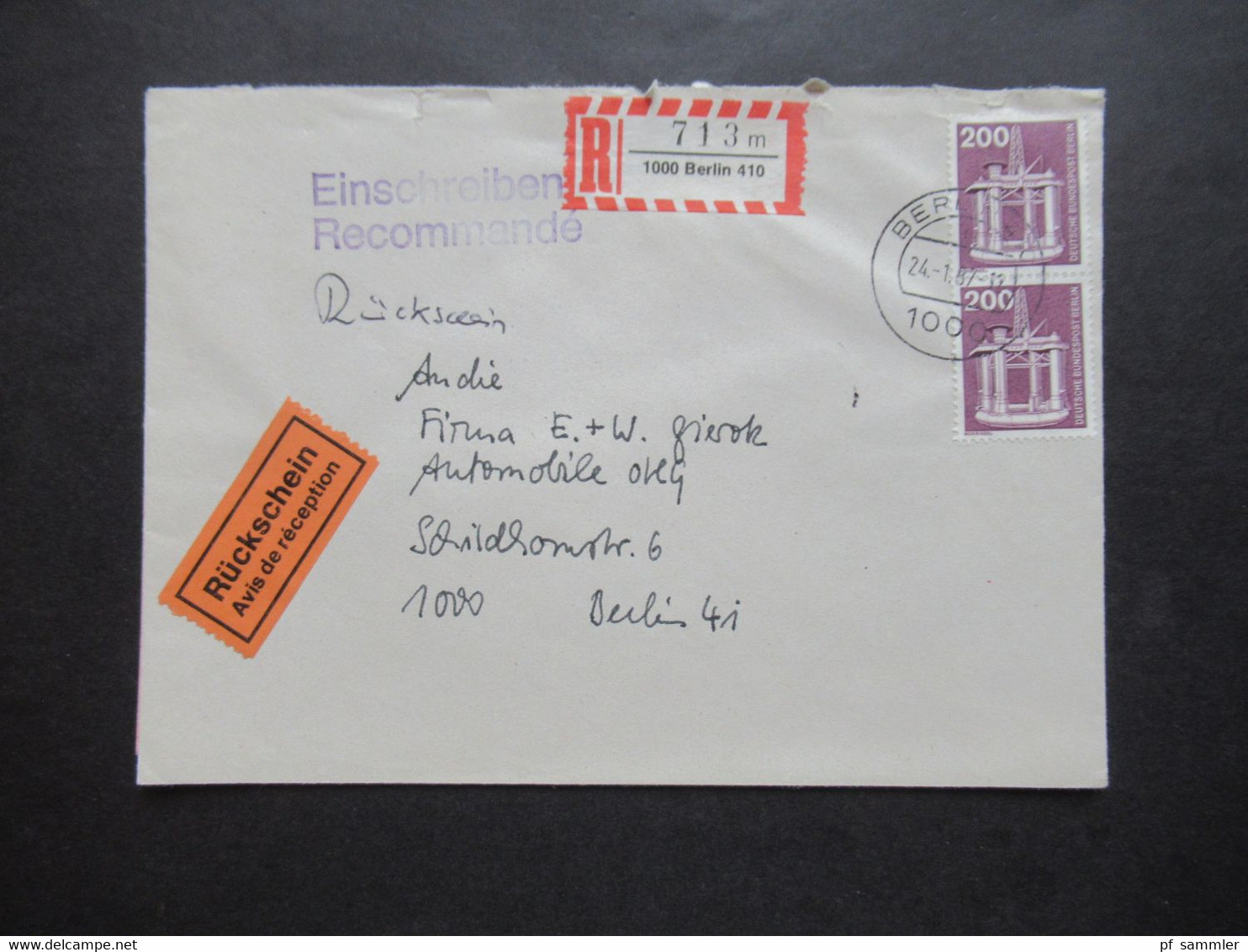 Berlin (West) 1975 Industrie Und Technik Nr.505 (2) MeF Verwendet 1987 Einschreiben Mit Rückschein Als Ortsbrief Berlin! - Brieven En Documenten