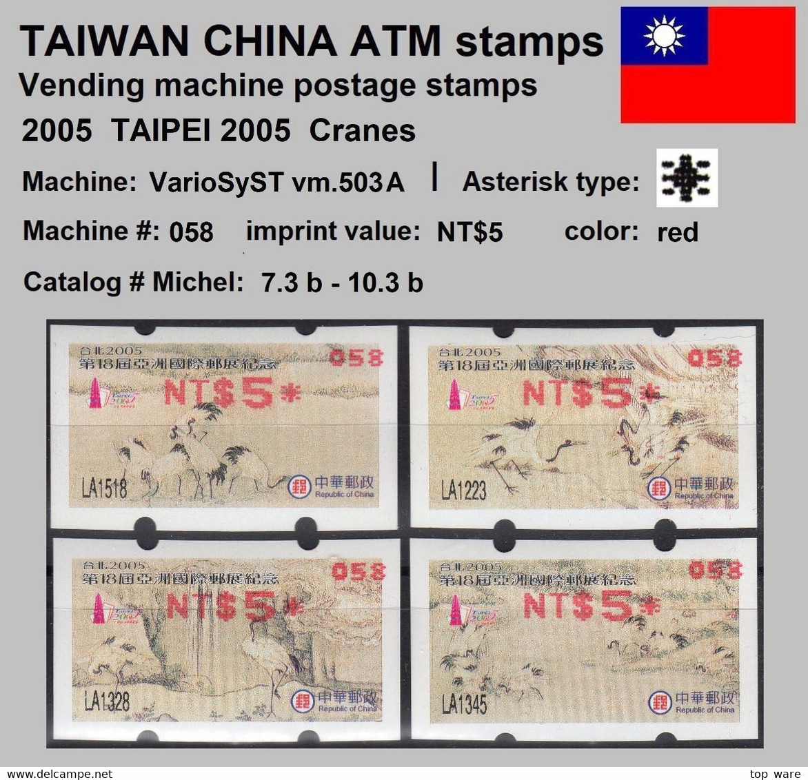 2005 Automatenmarken China Taiwan TAIPEI 2005 Cranes MiNr. 7.3 - 10.3 Red Nr.058 ATM NT$5 MNH Variosyst Kiosk - Distributors