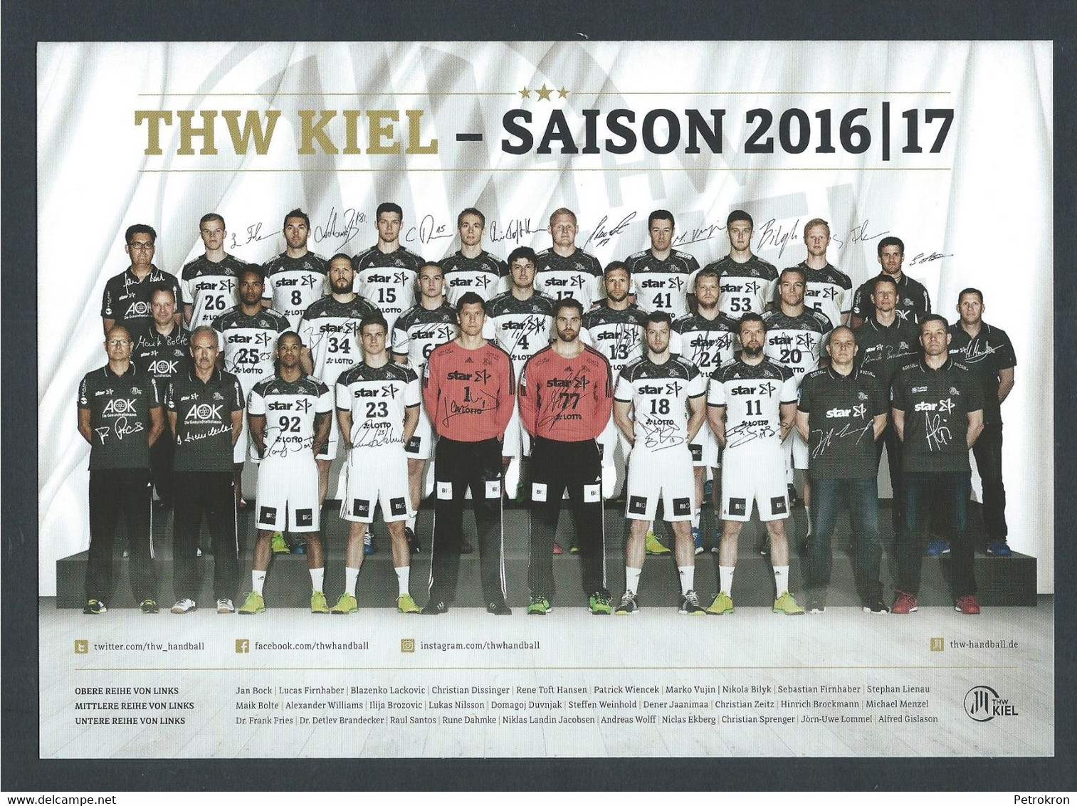 Autogrammkarte THW Kiel Saison 2016-2017 Handball Bundesliga 15 X 21 Cm - Handball