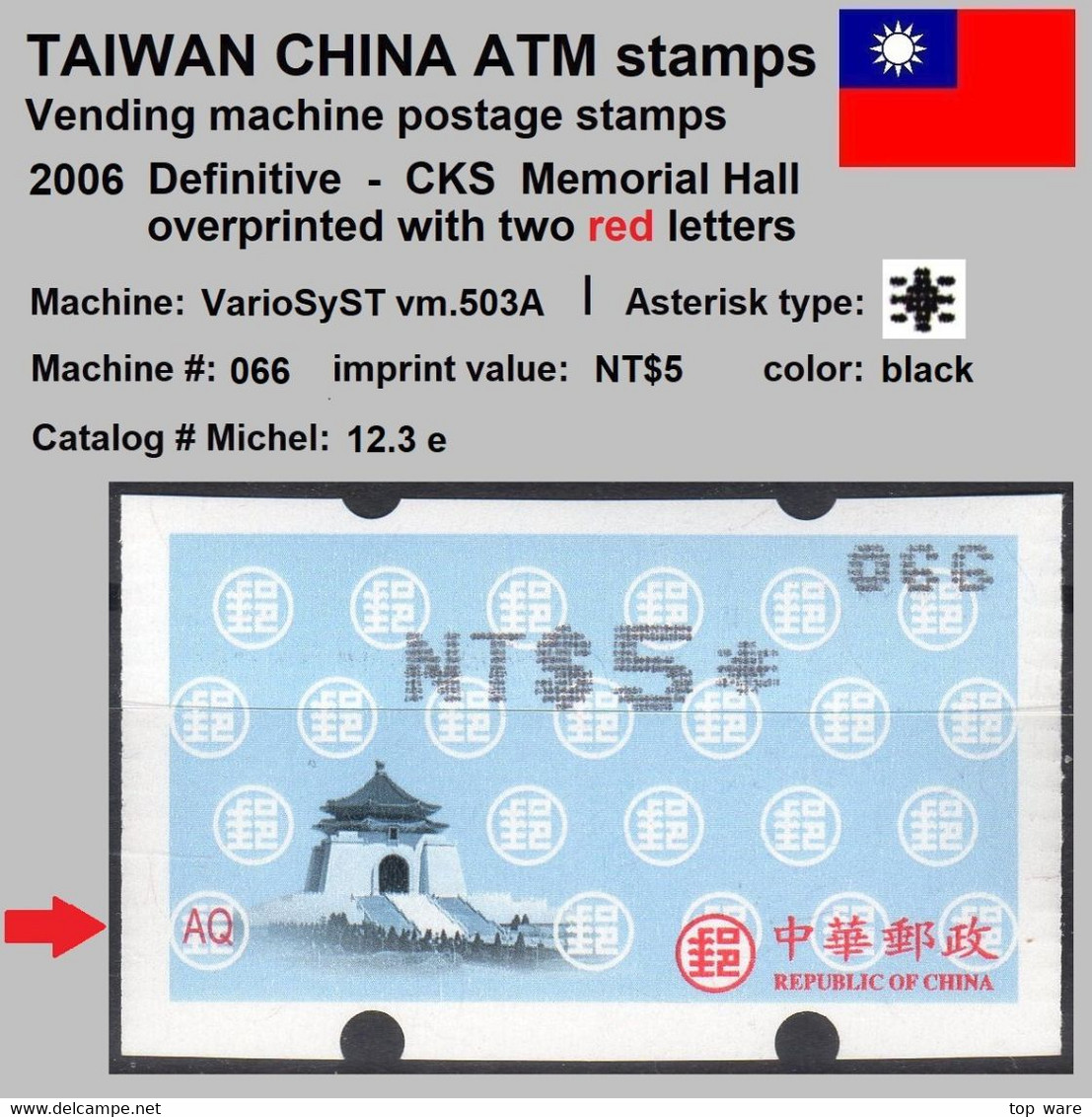 2006 Automatenmarken China Taiwan CKS + Two Red Letters MiNr.12.3 Black Nr.066 ATM NT$5 MNH Variosyst Kiosk Etiquetas - Distributeurs