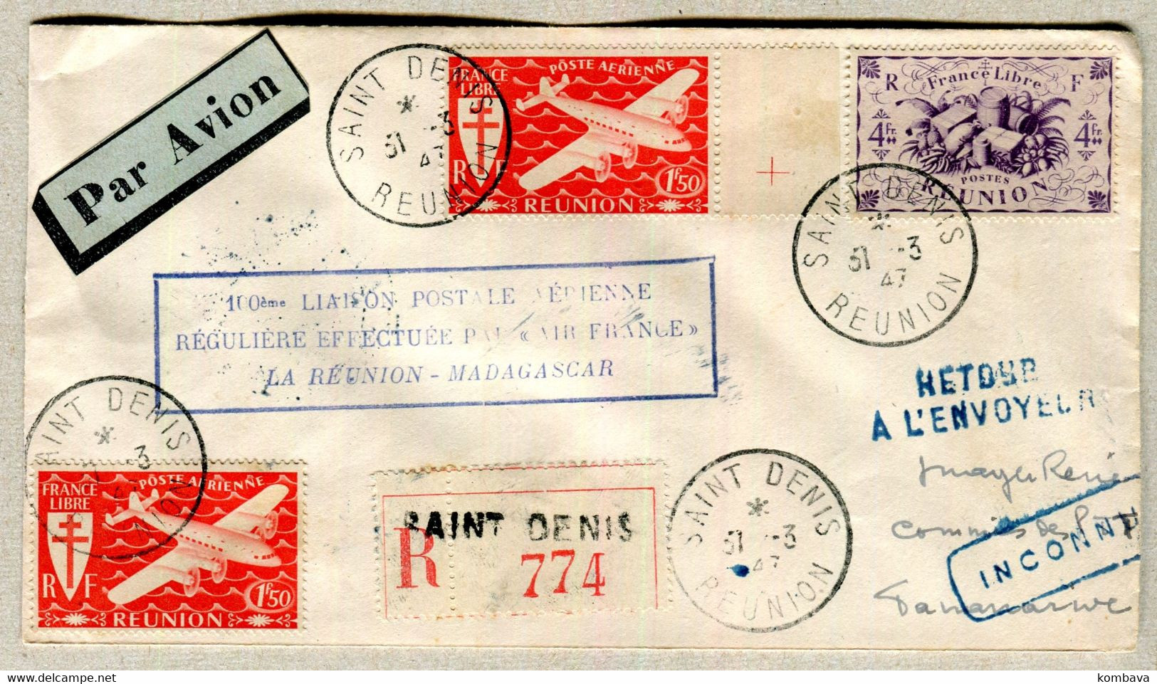 Premiere Liaison Postale REUNION - MADAGASCAR 1947 - Recommandé (Im 305 - 3) - ...-1955 Prefilatelia