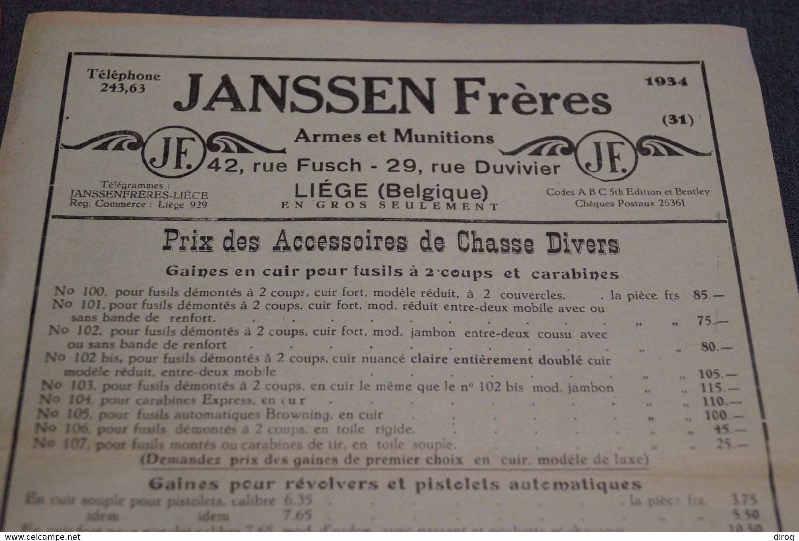 Anciennes Publicités , 1934,Tarif Janssen,Liège,armes Et Munitions,pour Collection - Advertising