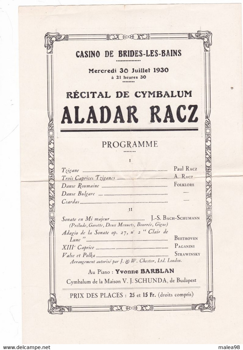 MUSIQUE,, RECITAL DE CYMBALUM  ALADAR  RACZ   AU  CASINO DE BRIDES LES BAINS   30/07/1930 - Posters