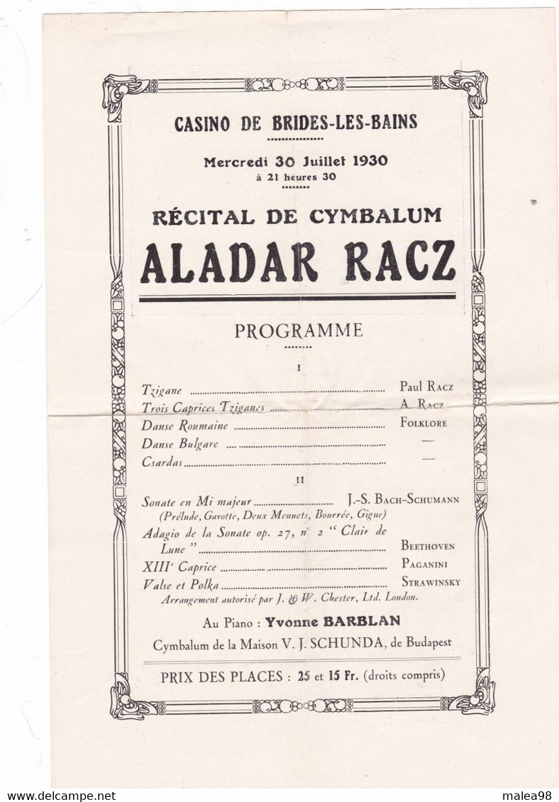 MUSIQUE,, RECITAL DE CYMBALUM  ALADAR  RACZ   AU  CASINO DE BRIDES LES BAINS   30/07/1930 - Manifesti & Poster