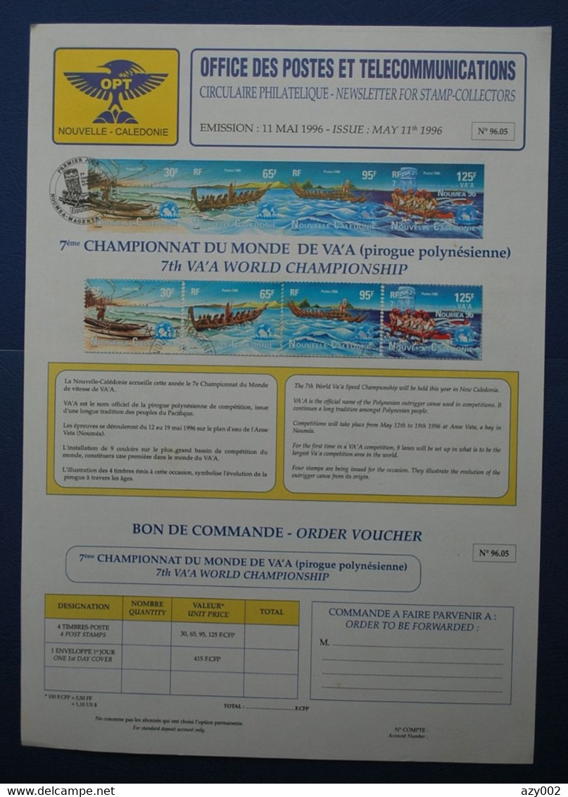 Nouvelle Calédonie 1996 - Circulaire Philatélique  Série 4 Timbres 7ème Championnat De Pirogues Polynésiennes - Cartas & Documentos